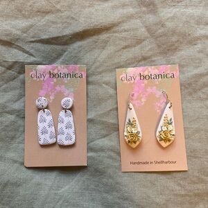 Polymer Clay Botanica handmade floral flower neutral earrings dangle stud